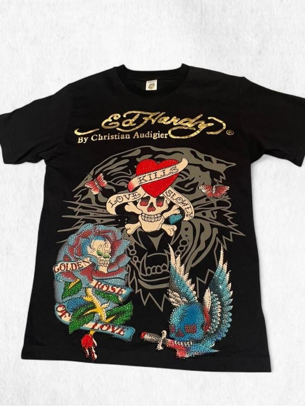 Ed Hardy 💀 black t-shirt with red accents skull & blue rhinestones